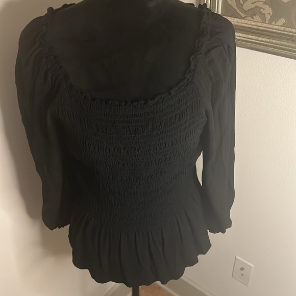 Ann Taylor black smocked puff sleeves square neck ruffle bottom sz M - Picture 3 of 10